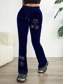 INAWLY Y2K 时尚五星装饰低腰喇叭裤 - 寶藍色 - 查看 6