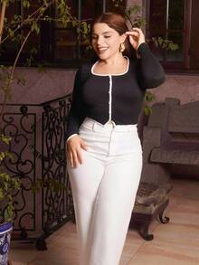 Lupita Cardoza Women's Black & White Color Block Decorative Button Fitted T-Shirt, Elegant & Fashionable - Black - View 5