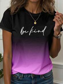 EMERY ROSE Plus Size Women's Ombre Color Round Neck Casual Short Sleeve T-Shirt, Loose Fit Versatile Top, Women's Letter & Graphic Print Minimalist T-Shirt