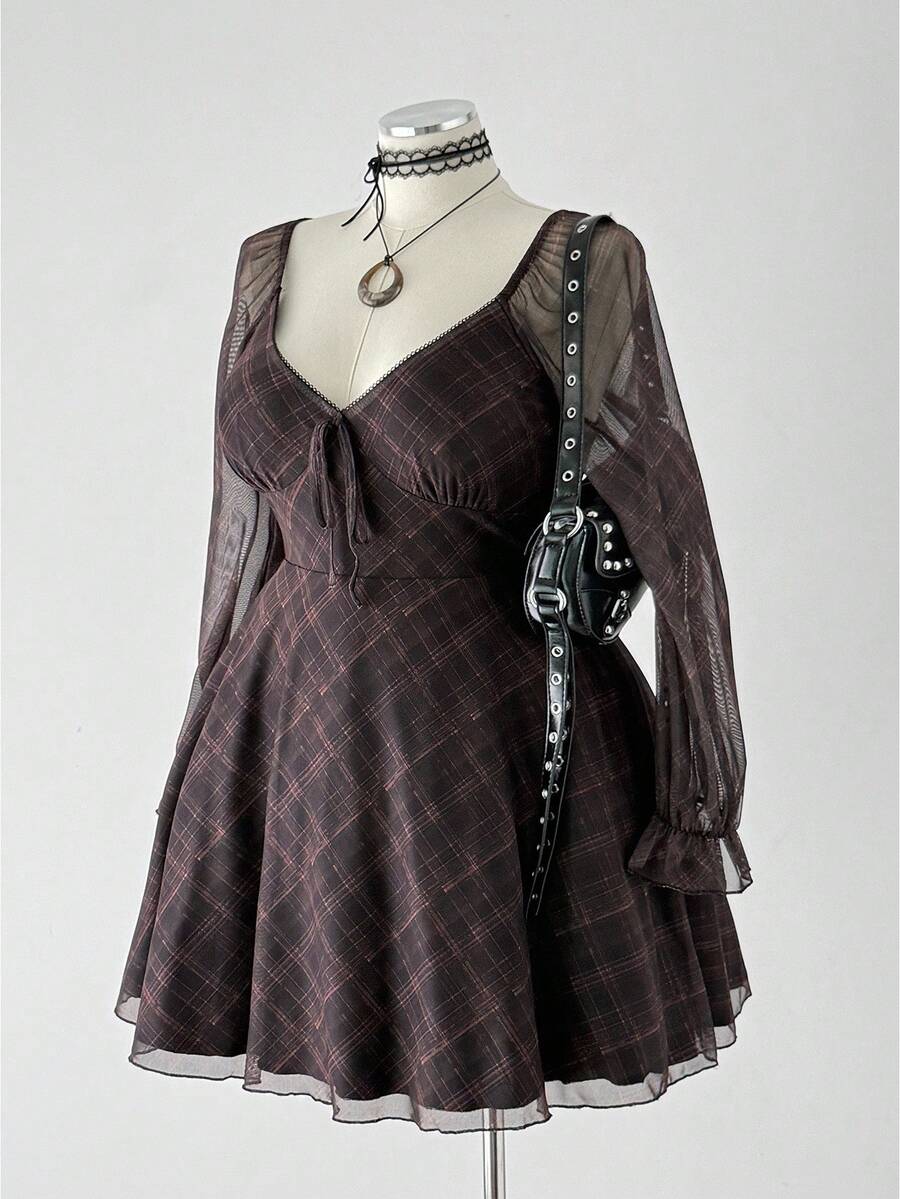 Sunspun Váy cổ vuông tay dài họa tiết kẻ caro Pháp, mùa thu - Nhiều màu - Xem 1