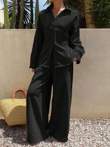Livesso 女士夏季纯色褶皱衬衫和阔腿裤休闲套装 - 黑色 - 查看 4