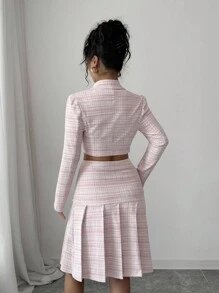 Elenzga 女士职业格子针织短夹克和褶皱 A 字裙两件套，优雅浪漫 - 粉色 - 查看 2