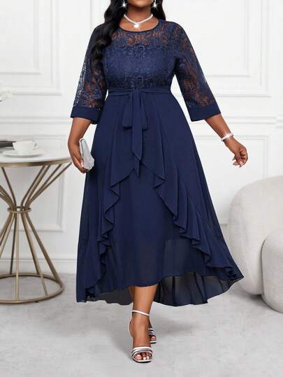 SHEIN Lady Plus Size Women Business Professional Blue Hollow Sleeve Lace Stitching Ruffle Layered Midi Dress Teacher Clothes Teacher Dress Fall Dresses Lace Dresses