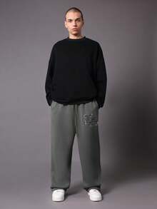 SUMWON Drop Crotch Joggers With Logo Patch And Drawstring Plain - Dark Grey - View 3