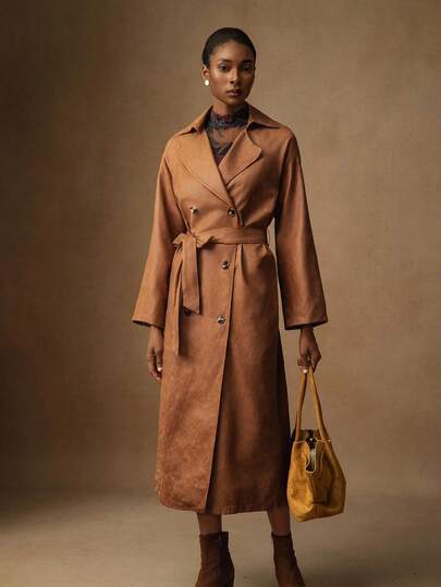 Lyxana Suede Waist Wrap Casual Long Women Regular Jacket