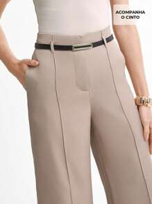 Solid Wide Leg Jeans Without Belt - Khaki - View 4