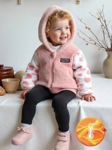 SHEIN Playful Pals 女宝宝休闲加厚豹纹连帽羊毛外套，秋冬