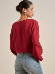 Airaco Camisa de mujer de manga larga roja con nudo delantero, primavera - Rojo - Ver 2