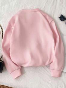 SHEIN Sudadera informal de cuello redondo de felpa rosa con estampado floral y de plantas para niña preadolescente, de vuelta al colegio, otoño, Y2K, Halloween, Glowmode, otoño, vacaciones, primer día de clases - Rosa - Ver 3