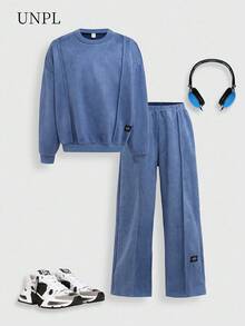 SHEIN Set de 2 piezas Sudadera y pantalones deportivos vintage para adolescentes varones, adecuado para uso diario, actividades al aire libre, fotografía en la ciudad