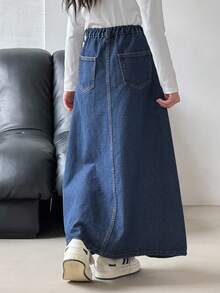 SHEIN Tween Girls Casual Elegant Dark Solid Washed Denim Long Skirt With Pleated, Fall/Autumn Winter Elegant Jeans Skirt,Business Professional Work Girl Oufits,Girls Back To School Homecoming Outfits, Jean Skirt, Jean Skirts For Women, Denim Skirt, Long Jean Skirt, Long Denim Skirt