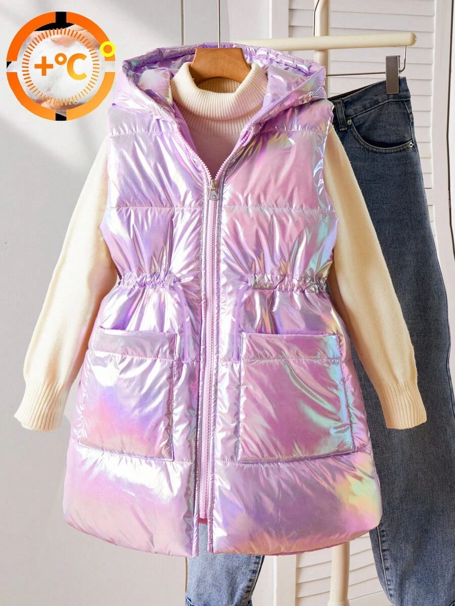 Chaleco con capucha alargado para niña preadolescente con bolsillos y cremallera, cintura ceñida con efecto láser brillante, estilo casual universitario, adecuado para la calle, vuelta al colegio y atuendos universitarios