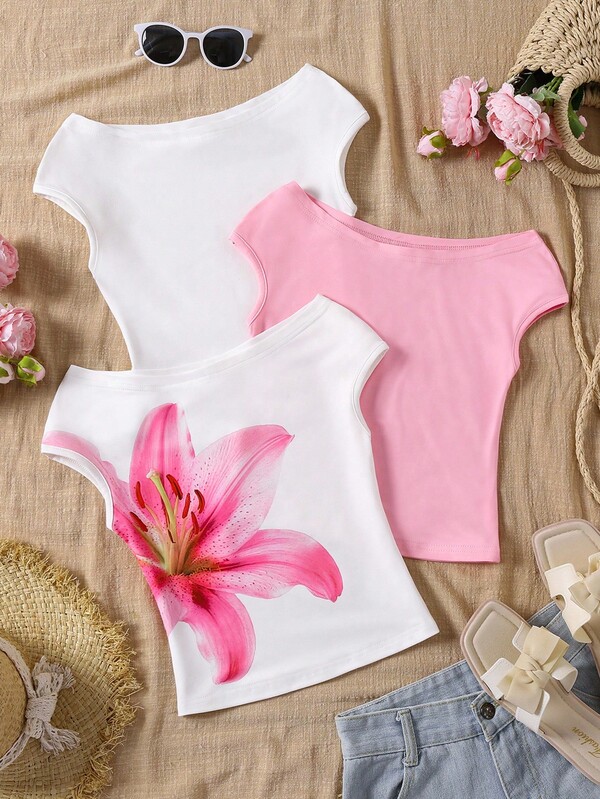 3 piezas Camisetas multicolor de hombros descubiertos ajustadas para niñas preadolescentes de vacaciones