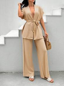 Vacation Casual Solid Color Batwing Sleeve Shirt And Pants Set - Beige - View 5