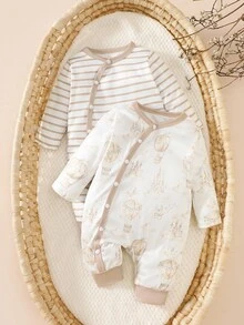 SHEIN 2 Pieces Set Of Cartoon Printed Long Sleeved Jumpsuit For Newborns And Boys, With Comfortable And Simple Fabric Suitable For Home Gifting Fall Winter