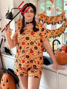 Bộ đồ ngủ tay ngắn dệt kim in hình bí ngô và ma Halloween cỡ lớn kèm quần short - Nhiều màu - Xem 4