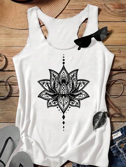 SHEIN LUNE Women's Boho Lotus Flower Graphic Tank Top, Summer Casual Sleeveless Racerback Top Back To School,Casual