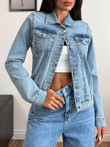 Flap Pocket Button Front Denim Jacket 2 Piece Denim Sets Woman Jean Outfits Sets For Women Crop Jean Jacket Jean 2 Piece Set - Medium Wash - View 5
