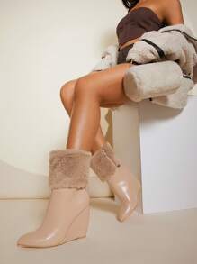 SHUZIA 毛茸茸袖口踝靴 - 杏色 - 查看 1