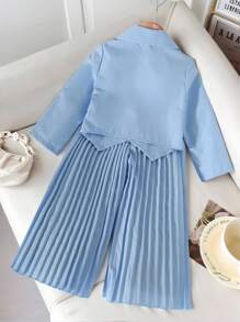 女童简约优雅西装外套，不对称下摆和高腰褶皱长裤套装，适合返校季穿着 - 藍色 - 查看 2