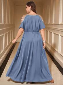 SHEIN Clasi Đầm thời trang thanh lịch đính đá Rhinestone cỡ lớn khoét sâu - Màu xanh bụi bặm - Xem 3