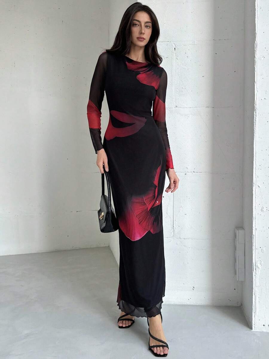 Aloruh 优雅船领长袖扎染网眼印花派对鸡尾酒会礼服，适合秋冬季