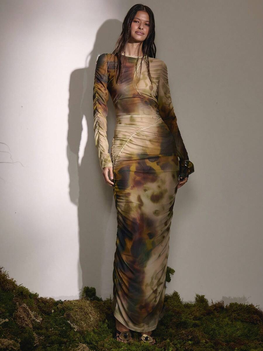 MUSERA Figurbetontes gerafftes Kleid mit Netzprint, süß für Country Western Nacht, Geburtstag, Anlässe, sexy Club, Sync Party, elegant für den Sommer - Verschiedenfarbig - Übersicht 1