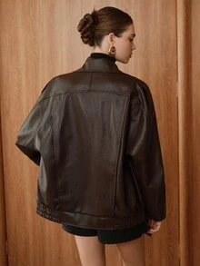 SHEIN Unity 女士宽松休闲宽翻领时尚 PU 皮夹克