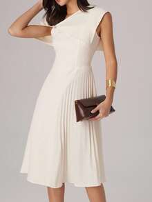 Modelyn Asymmetric Pleated Design Flared Dress, French Chic Niche Style, Apricot Color - Apricot - View 6