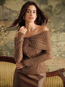 Anewsta Áo dài tay trễ vai mềm mại, gợi cảm, thời trang, kích thước tiêu chuẩn dành cho nữ - màu nâu - Xem 3