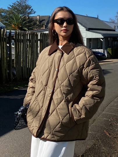 DAZY 女士宽松商务休闲通勤优雅简约纹理菱格纹棕色拼接时尚夹克，秋冬女装外套