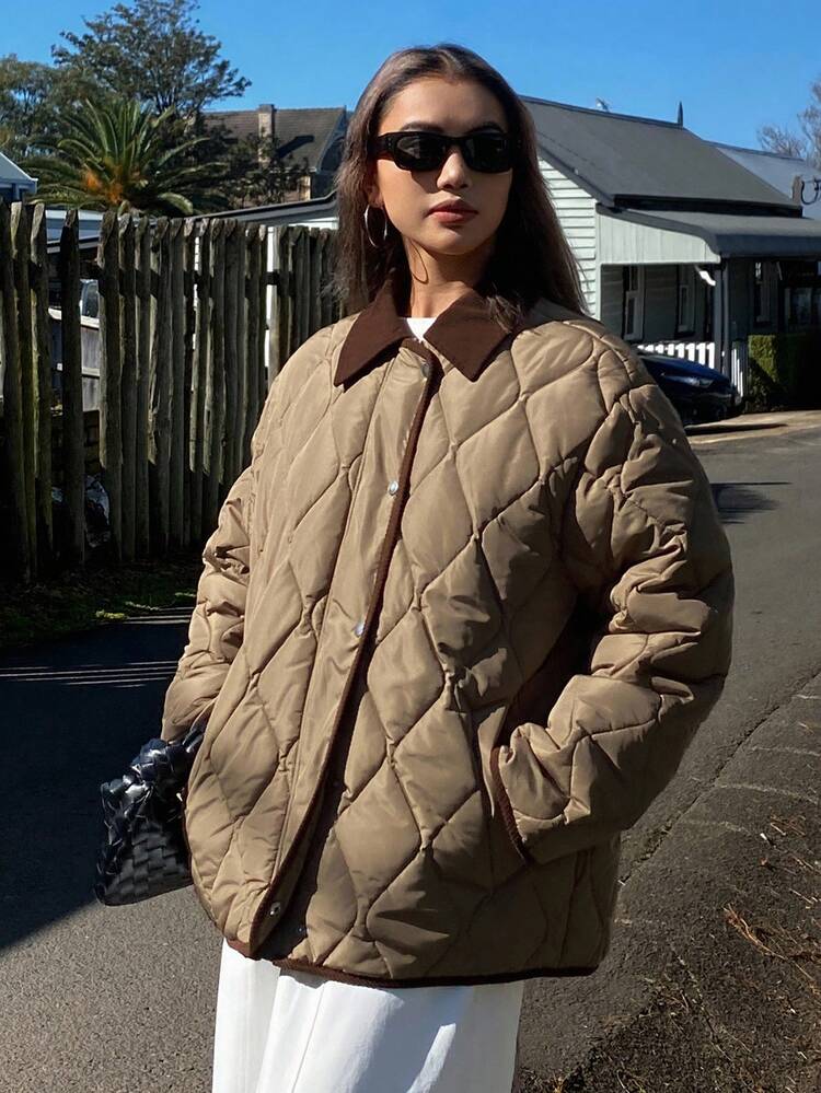 Women's Loose Business Casual Commuter Elegant Minimalist Textured Diamond Plaid Brown Contrast Splice Fashion Jacket, Autumn/Winter Women Coats