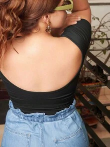 Lupita Cardoza Solid Scoop Neck Crop Tee For Summer,Halter Top - Black - View 6