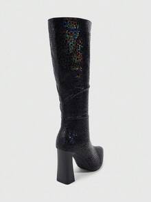 Daringsoles 女士高跟靴，优雅尖头时尚 PU 粗跟踝靴，百搭秋冬 - 黑色 - 查看 4