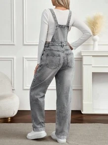 SHEIN 孕妇休闲水洗口袋直筒牛仔背带裤 - 深色水洗藍 - 查看 4