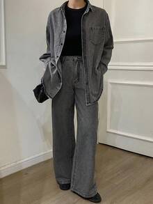 DAZY 秋冬新款宽松休闲做旧洗水女式牛仔套装 - 灰色 - 查看 3