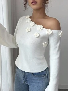 Modelyn 女款法式白色3D花卉毛衣 - 白色 - 查看 6