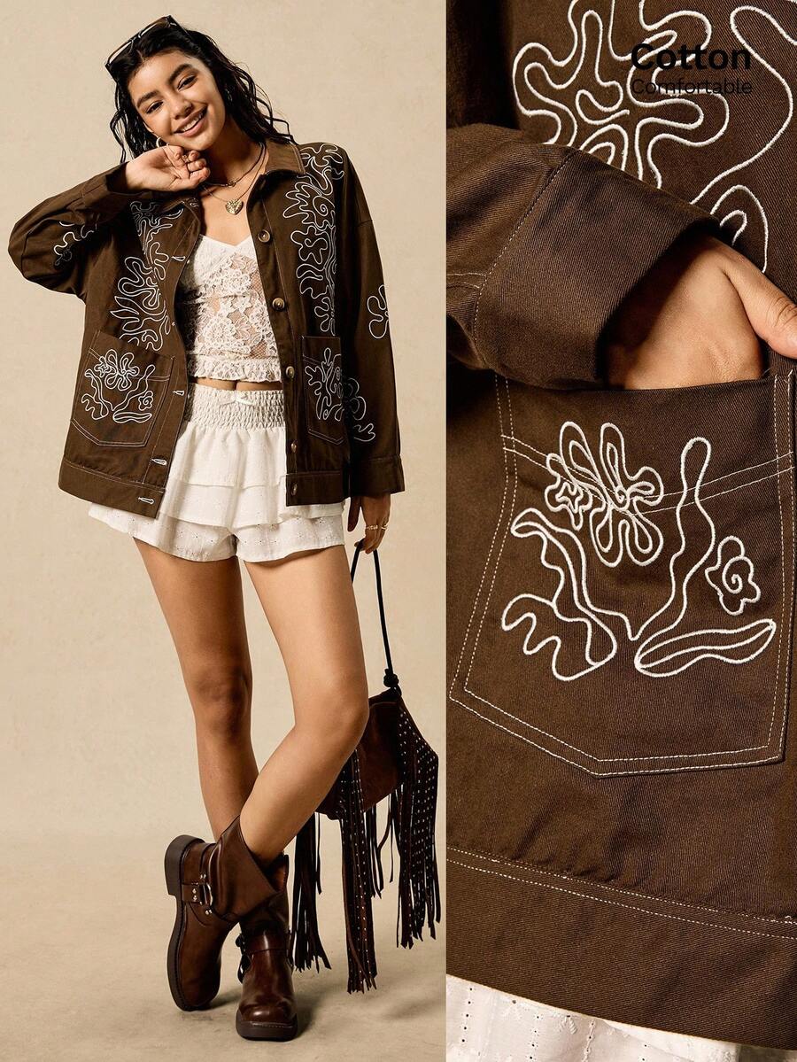 Easelle 女装春夏复古休闲波西米亚风欧美女孩个性时尚前卫现代街头重工抽象图案刺绣棉质翻领宽松棕色谷仓夹克秋冬 - 棕色 - 查看 1