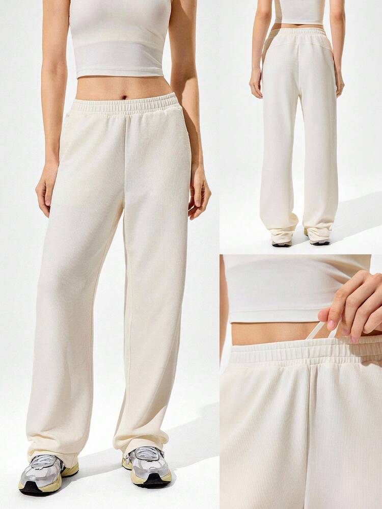 Modal Ribbed Straight-Leg Built-In Adjustable Drawstring Waist Active Pants With Side Pockets Casual Daily Wear  Spring Summer