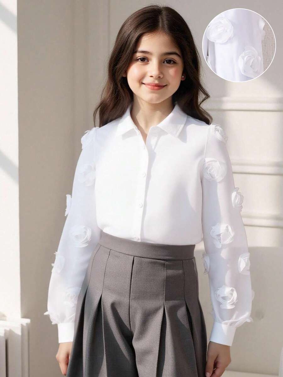 Áo thun họa tiết hoa đô thị thanh lịch dành cho bé gái tuổi mới lớn, phù hợp cho mùa tựu trường - trắng - Xem 1