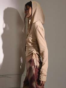 MUSERA 薄纱连帽长袖上衣，按扣细节，适合秋季、可爱乡村西部风情、夜间外出、休闲度假、夏季春季穿着。 - 卡其色 - 查看 4