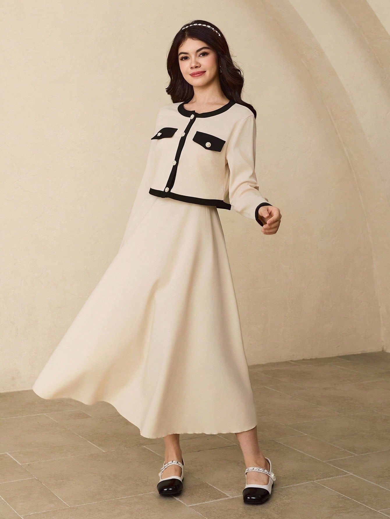 جاكيت كارديجان بياقة مستديرة وأكمام طويلة + فستان...