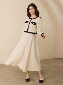Teen Girl Round Neck Long Sleeve Cardigan Jacket + Spaghetti Strap Dress, Elegant Outfit For Party, Gathering, Back To School Fall Winter