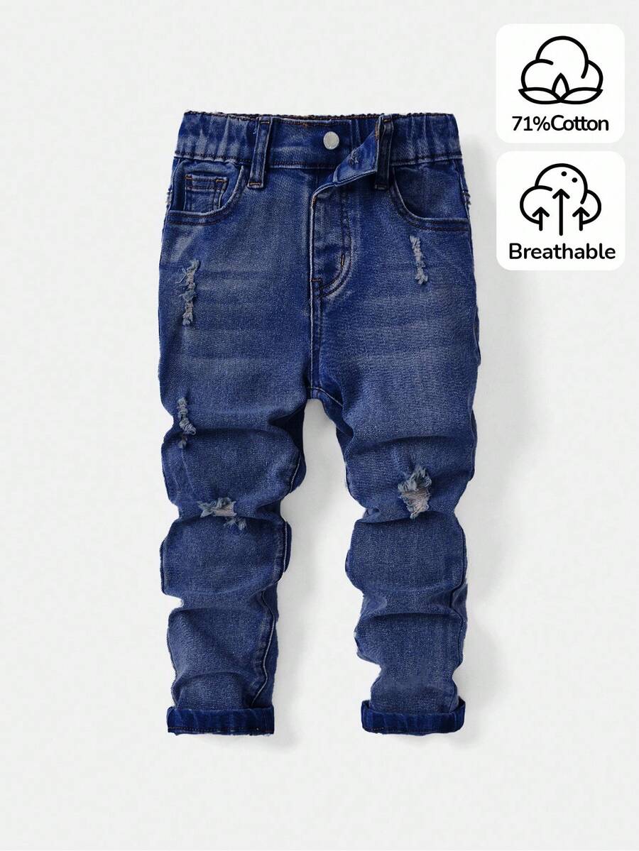 SHEIN Celana Jeans Kasual dengan Kancing dan Saku untuk Anak Laki-Laki, Celana Jeans Sobek untuk Anak Laki-Laki, Celana Jeans Balita Laki-Laki, Celana Jeans Anak, Celana Jeans Sobek untuk Anak - Dark Wash - View 1
