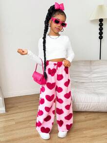 少女爱心印花抓绒直筒裤，休闲抽绳爱心印花抓绒长裤，日常休闲穿着，母女装（两件套分开出售） - 粉色 - 查看 3