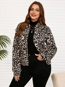 EMERY ROSE Plus Size Women Casual Leopard Print Blend Jacket, Autumn/Winter Fall - Black - View 8