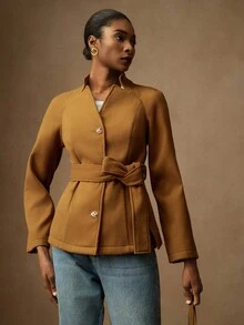 Lyxana Women's Elegant Solid Color Metal Buckle Waist Belt Woolen Coat - Brown - View 4