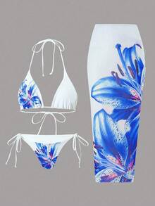Swim Oasis Bộ đồ bơi 3 món cho nữ: Áo tam giác dây mảnh, quần buộc dây bên hông và váy lưới dài che phủ, kỳ nghỉ hè - Xanh và trắng - Xem 1