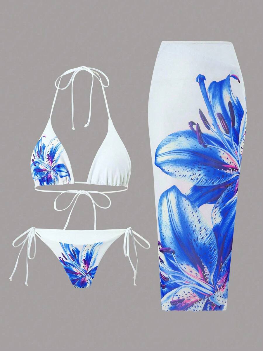 Swim Oasis Bộ đồ bơi 3 món cho nữ: Áo tam giác dây mảnh, quần buộc dây bên hông và váy lưới dài che phủ, kỳ nghỉ hè - Xanh và trắng - Xem 1