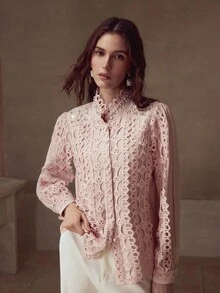 MOTF PREMIUM EMBROIDERED HOLLOW OUT BEADED MOCK NECK FITTED LONG SLEEVE BLOUSE - Pink - View 4